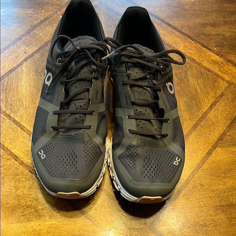 On Running Charcoal and White Athletic Shoes